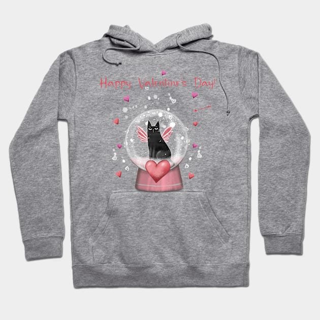 Happy valentines black cat. Cute cat and red hearts. Hoodie by Olena Tyshchenko